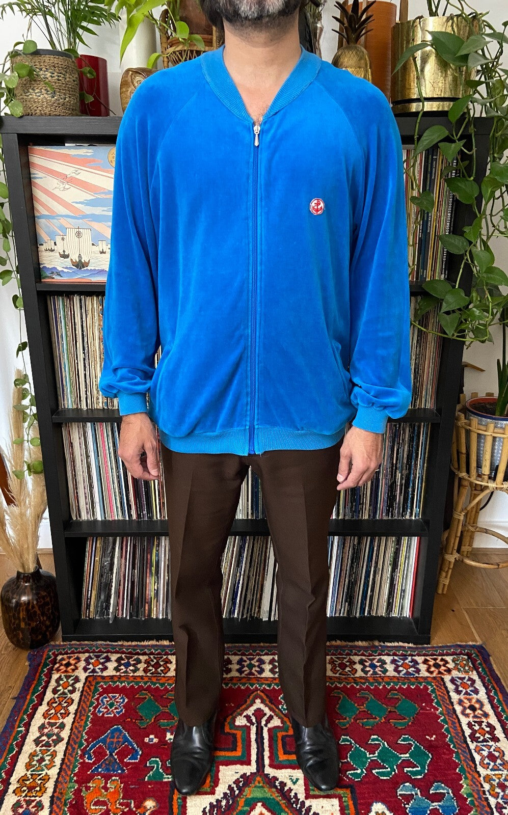 Vintage 1970s Italian Blue Velour Track Top