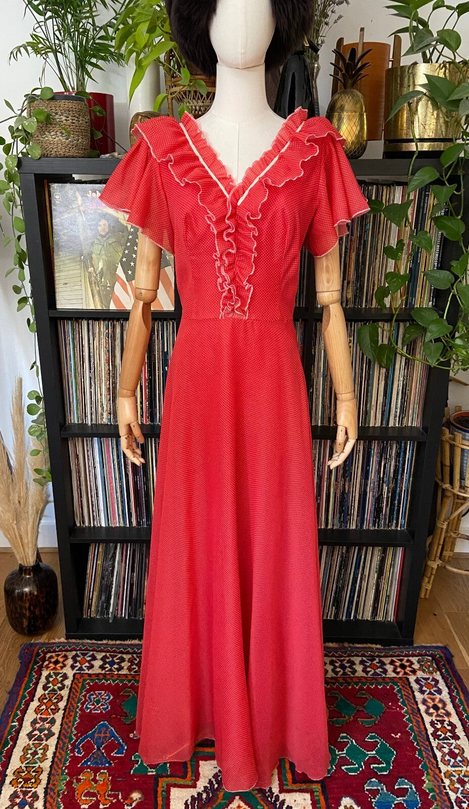 Vintage 1970s Red Spot V-Neck Maxi Dress