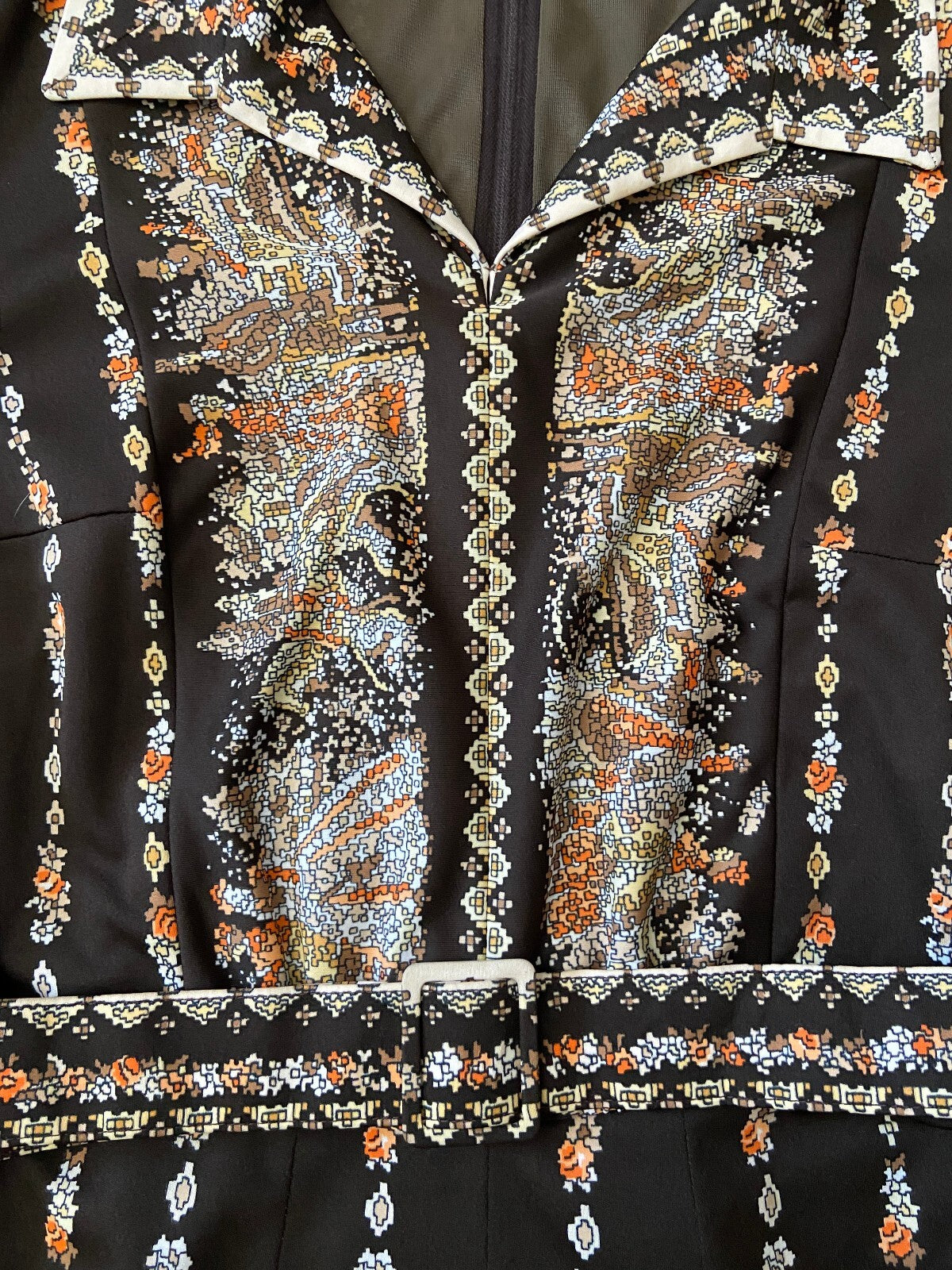 Vintage 1970s Brown Print Belted Dress