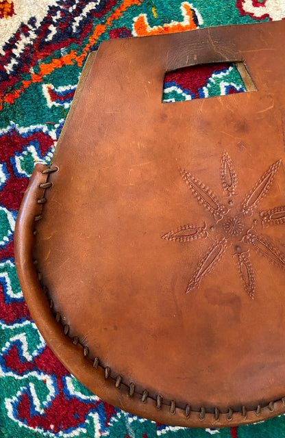 Vintage 1970s Brown Hand Tooled Leather Grab Bag