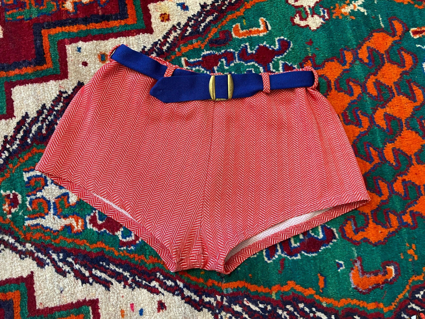 Vintage 1970s Red Chevron Belted Swim Shorts
