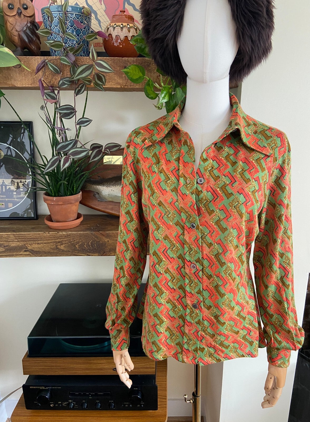 Vintage 1970s Green & Orange Print Dagger Collar Shirt