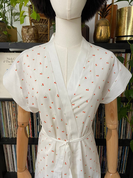Vintage 1970s White Cherry Print Wrap Dress