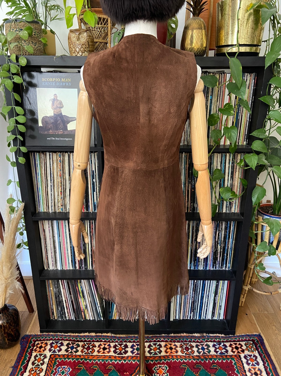 Vintage 1970s Brown Suede Fringed Lace Up Dress