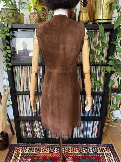 Vintage 1970s Brown Suede Fringed Lace Up Dress