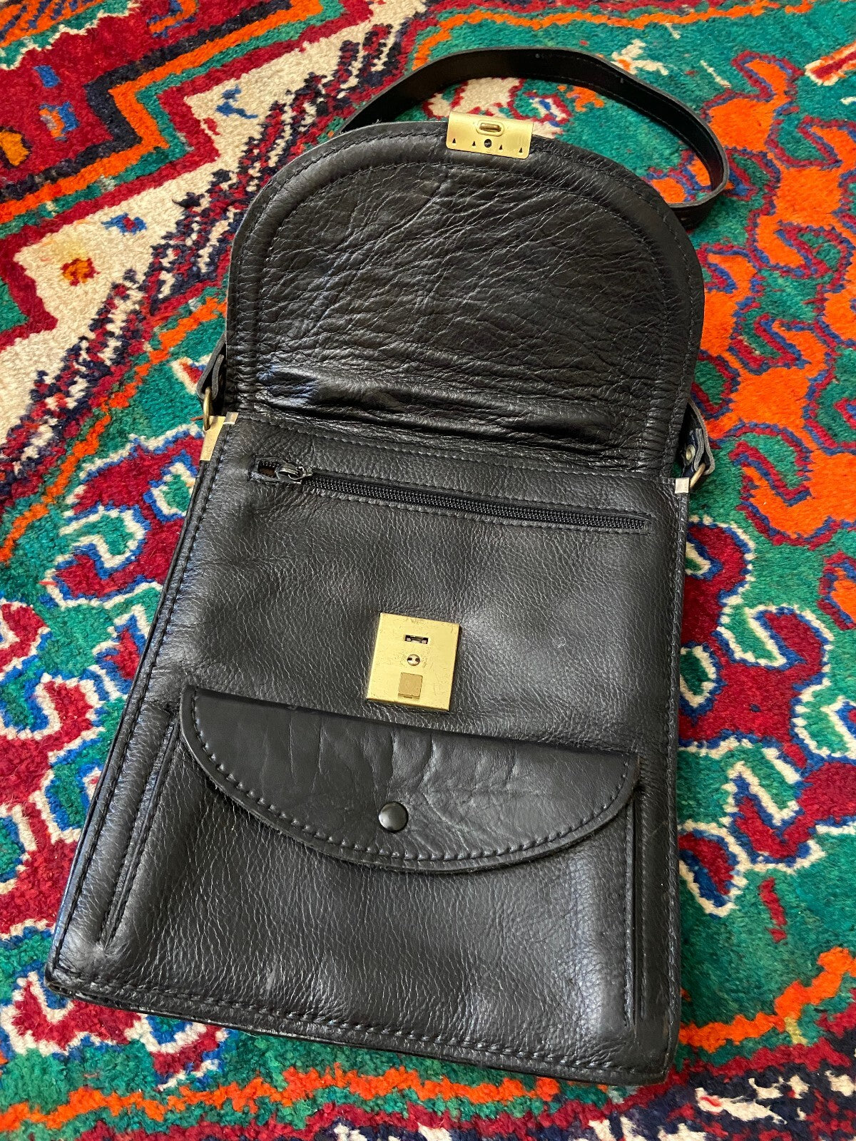 Vintage 1970s Black Leather Satchel Bag