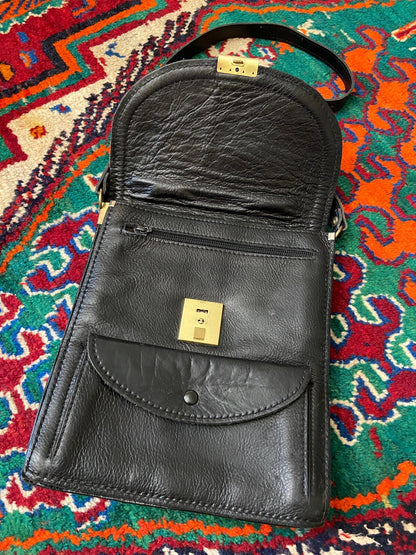 Vintage 1970s Black Leather Satchel Bag