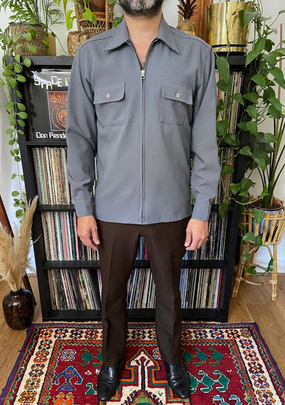Vintage 1970s Grey Zip-Up Dagger Collar Shirt