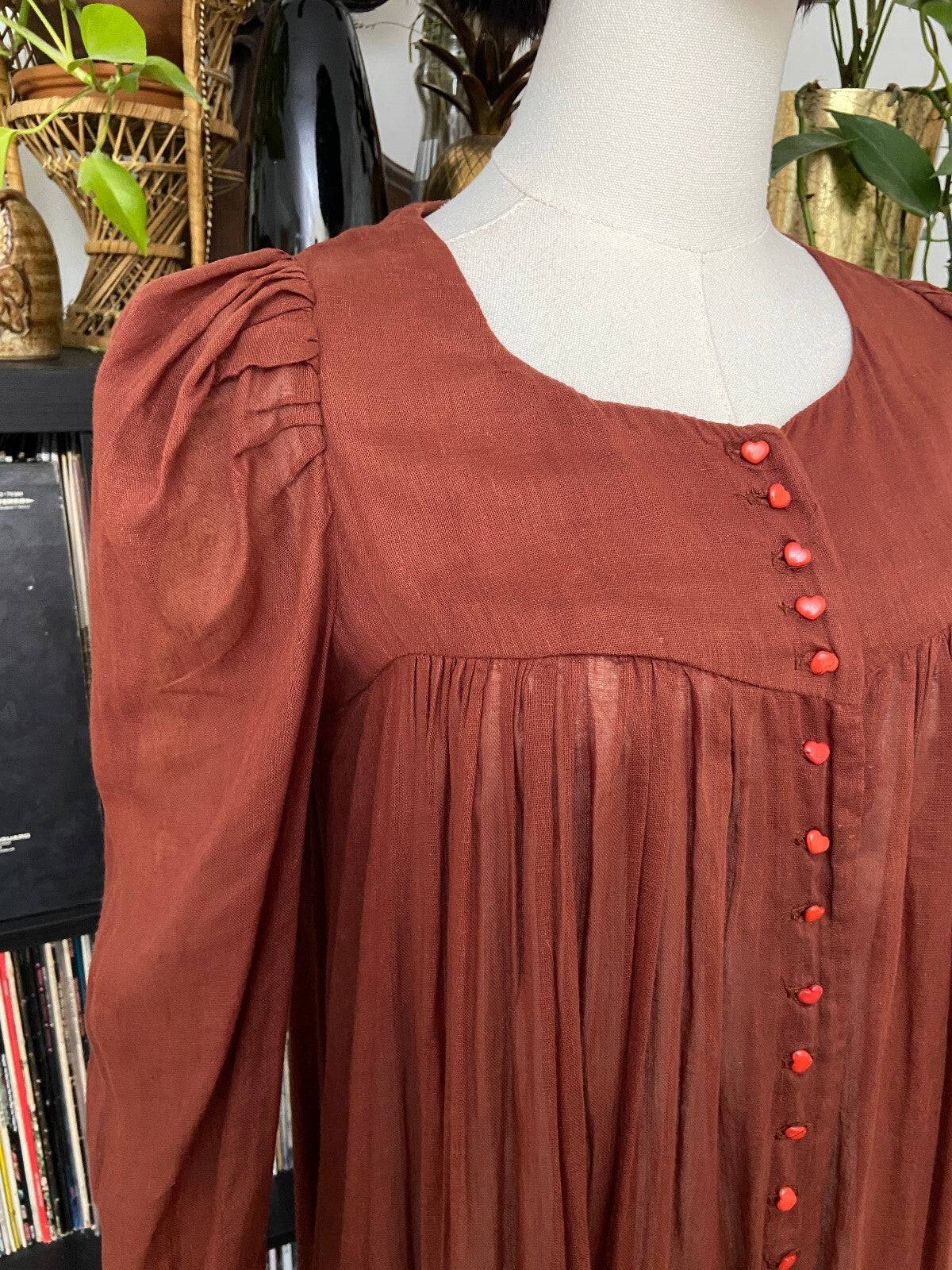 Vintage 1970s Rust Biba Cotton Gauze Smock Dress