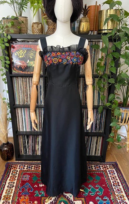 Vintage 1970s Black Embroidered Maxi Dress