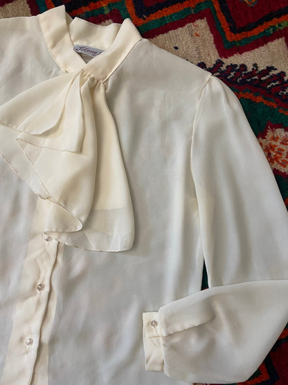 Vintage 1970s Cream Ruffle Tie Blouse