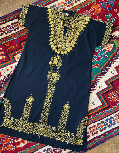 Vintage 1970s Black & Gold Embroidered Kaftan