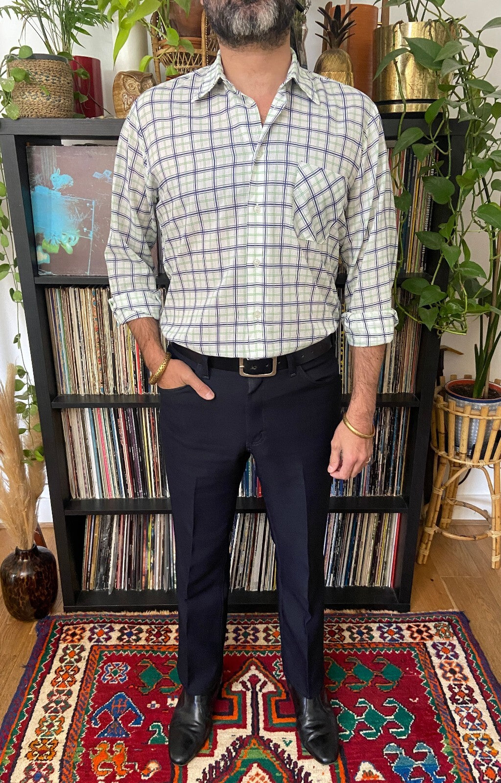 Vintage 1970s White, Green & Navy Checked Shirt