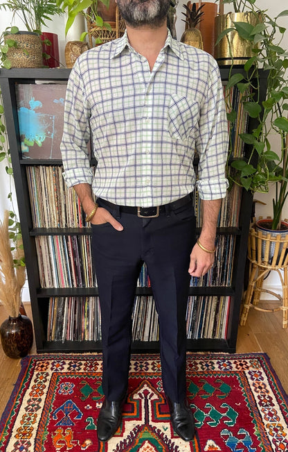 Vintage 1970s White, Green & Navy Checked Shirt