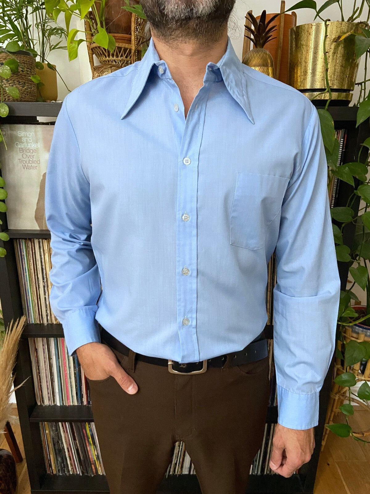 Vintage 1970s Blue Dagger Collar Shirt