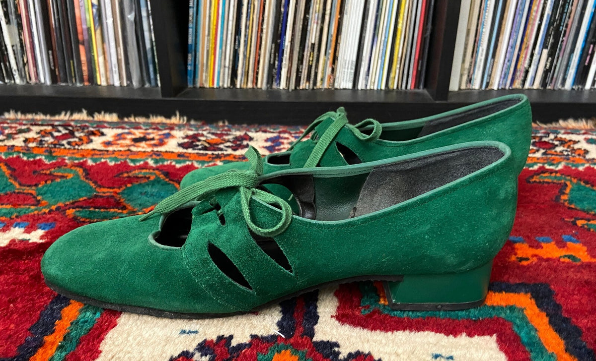 Vintage 1970s Green Suede Mary Janes UK 5
