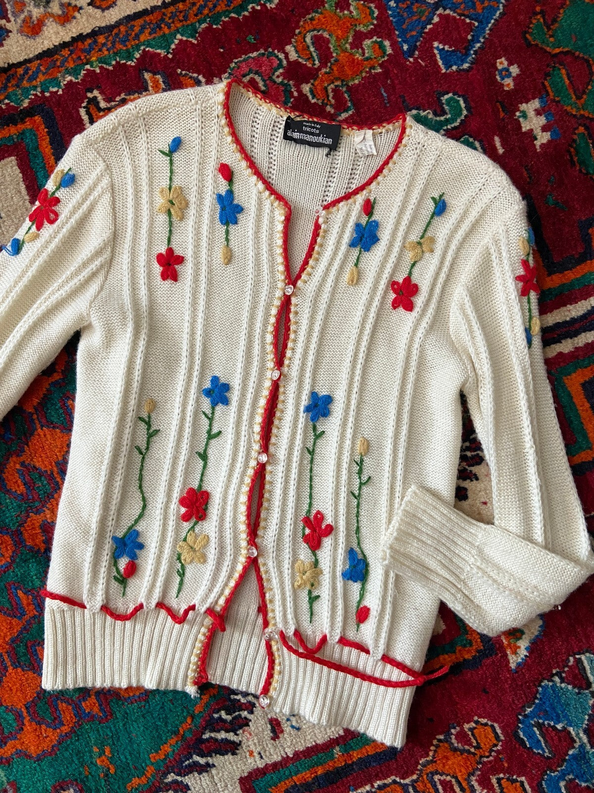 Vintage 1980s Cream Embroidered Folk Cardigan
