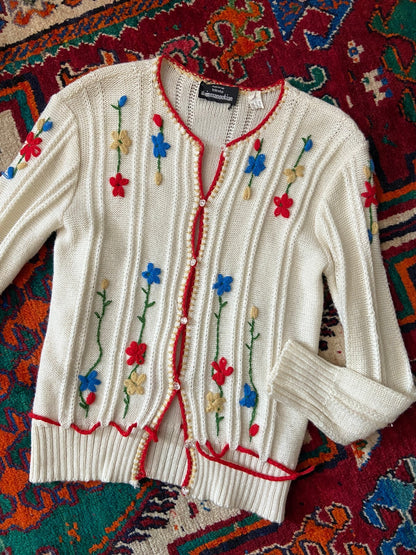 Vintage 1980s Cream Embroidered Folk Cardigan