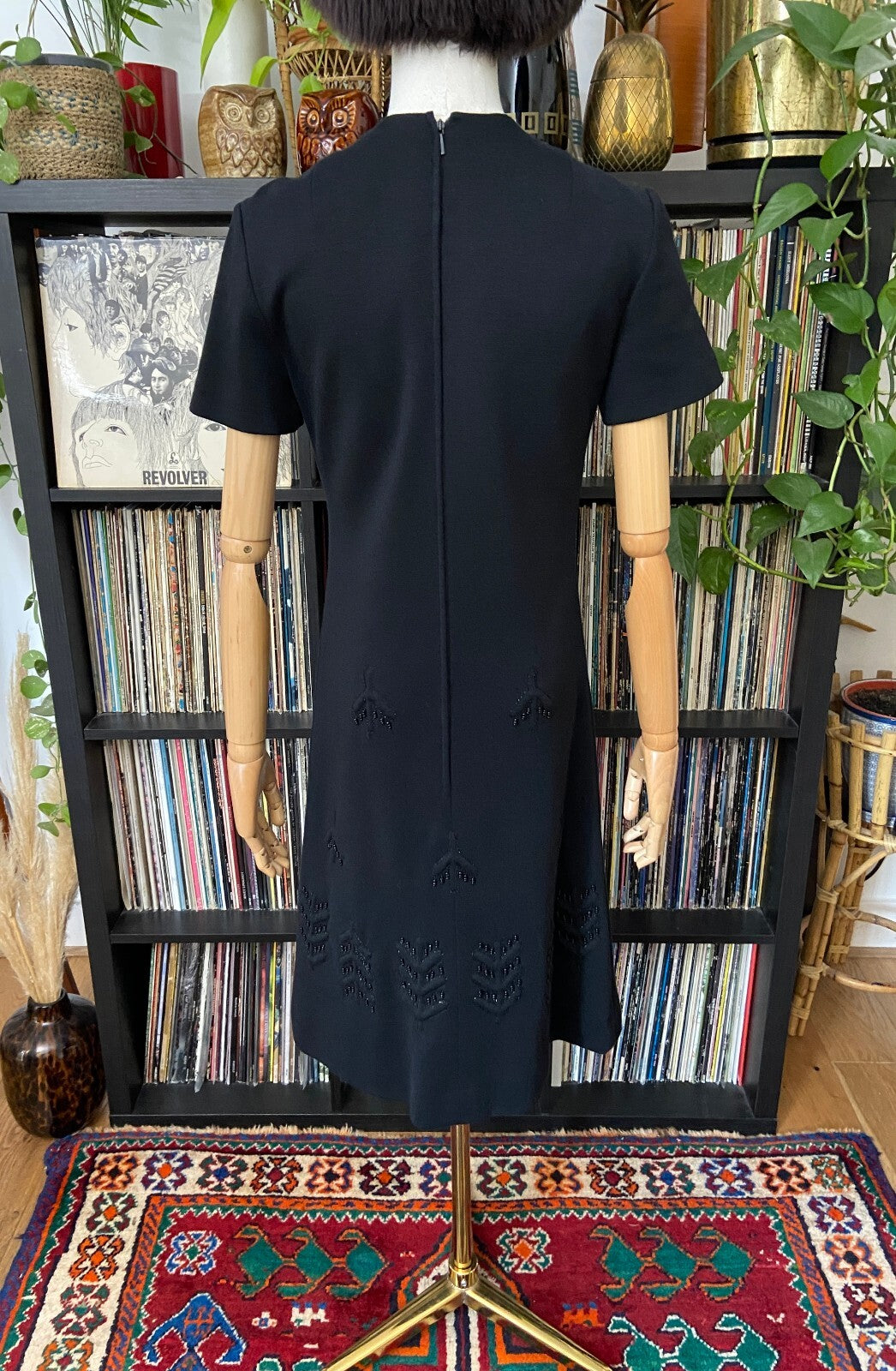 Vintage 1960s Black Beaded Wool Shift Dress