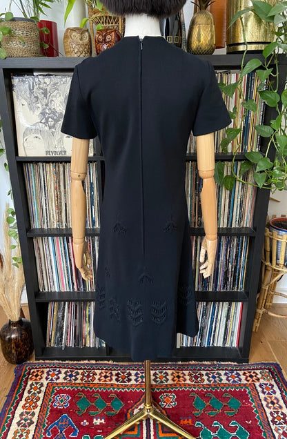 Vintage 1960s Black Beaded Wool Shift Dress