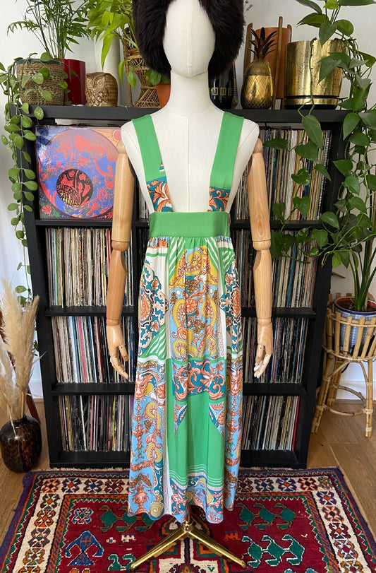 Vintage 1970s Green Baroque Pinafore Dress