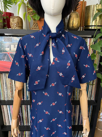 Vintage 1970s Navy Embroidered Pussybow Dress