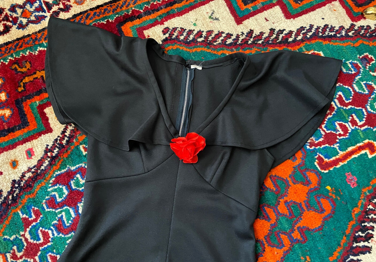 Vintage 1970s Black Flutter Cape Red Rose Maxi Dress