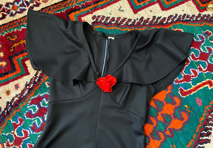 Vintage 1970s Black Flutter Cape Red Rose Maxi Dress