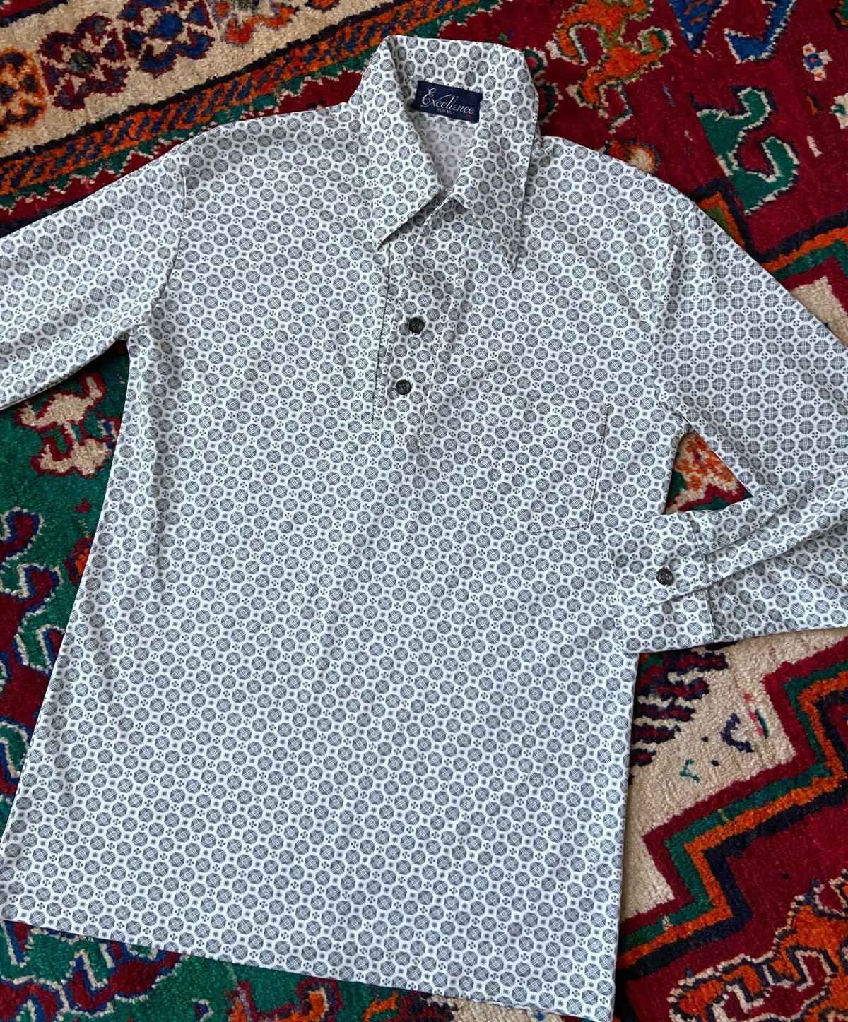 Vintage 1970s White & Grey Geometric Print Jersey Top