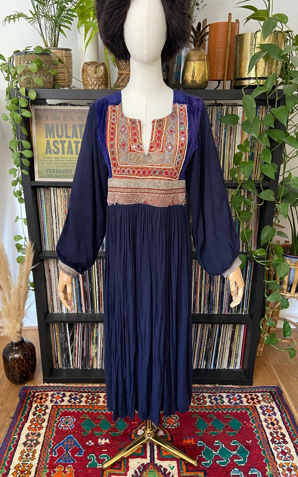 Vintage 1970s Navy Velvet & Gold Afghan Dress