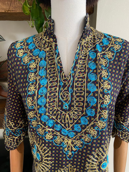 Vintage 1970s Navy Embroidered Tunic Top