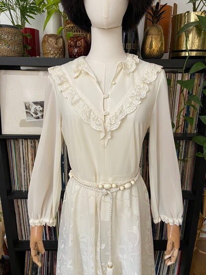 Vintage 1970s Cream Belted Prairie Dress