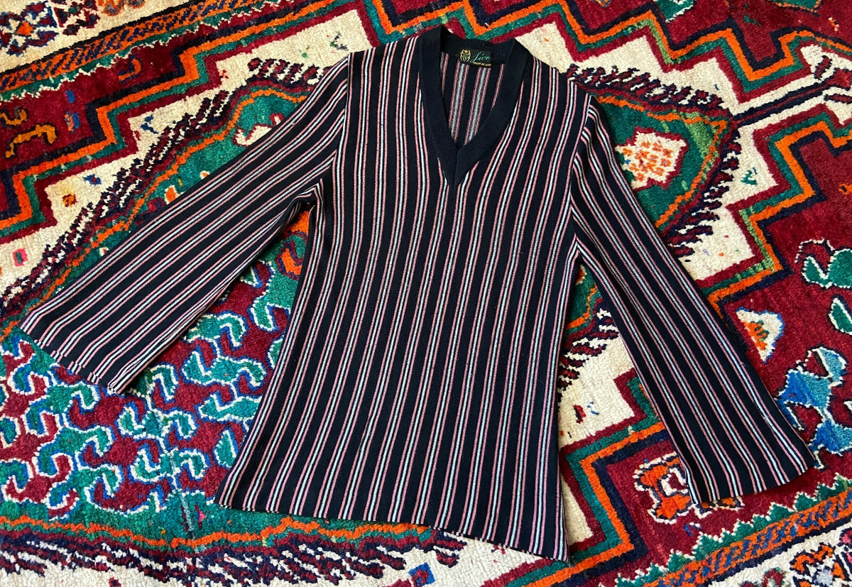 Vintage 1970s Black & Pink Striped V-Neck Jumper