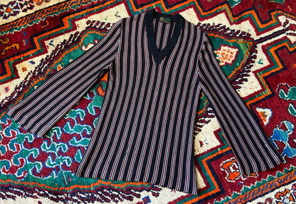 Vintage 1970s Black & Pink Striped V-Neck Jumper