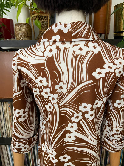 Vintage 1970s Brown & White Funnel Neck Dress