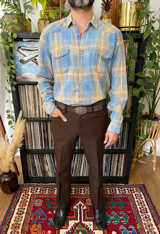 Vintage 90s Blue & Yellow Plaid Western Shirt