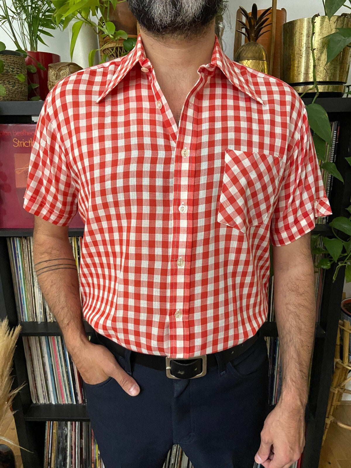 Vintage 1970s Red Gingham Dagger Collar Shirt