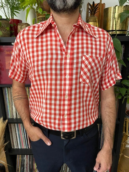 Vintage 1970s Red Gingham Dagger Collar Shirt