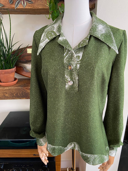 Vintage 1970s Green Dagger Collar Top
