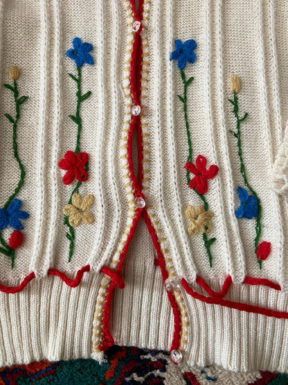 Vintage 1980s Cream Embroidered Folk Cardigan
