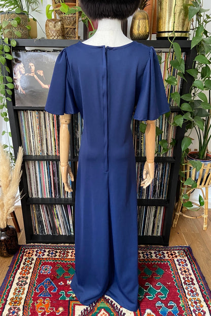 Vintage 1970s Navy Flutter Sleeve C&A Maxi Dress