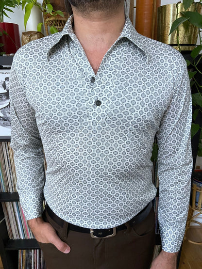 Vintage 1970s White & Grey Geometric Print Jersey Top