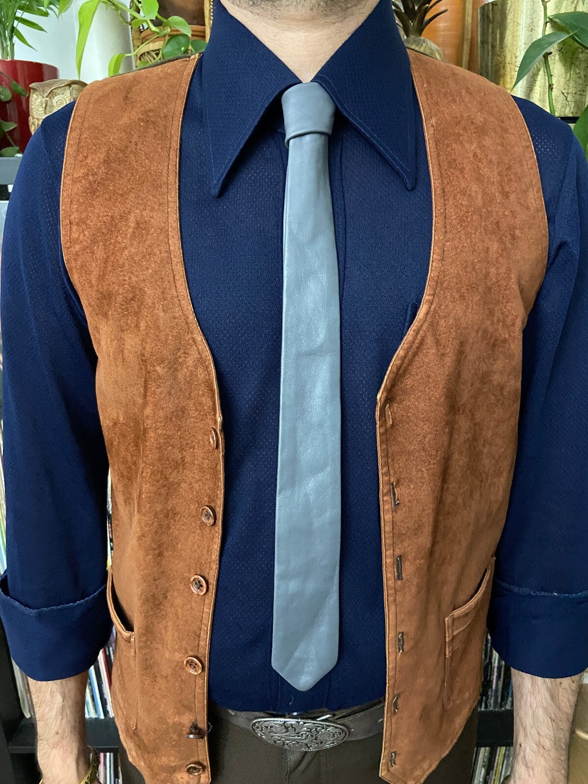 Vintage 1970s Grey leather Skinny Tie
