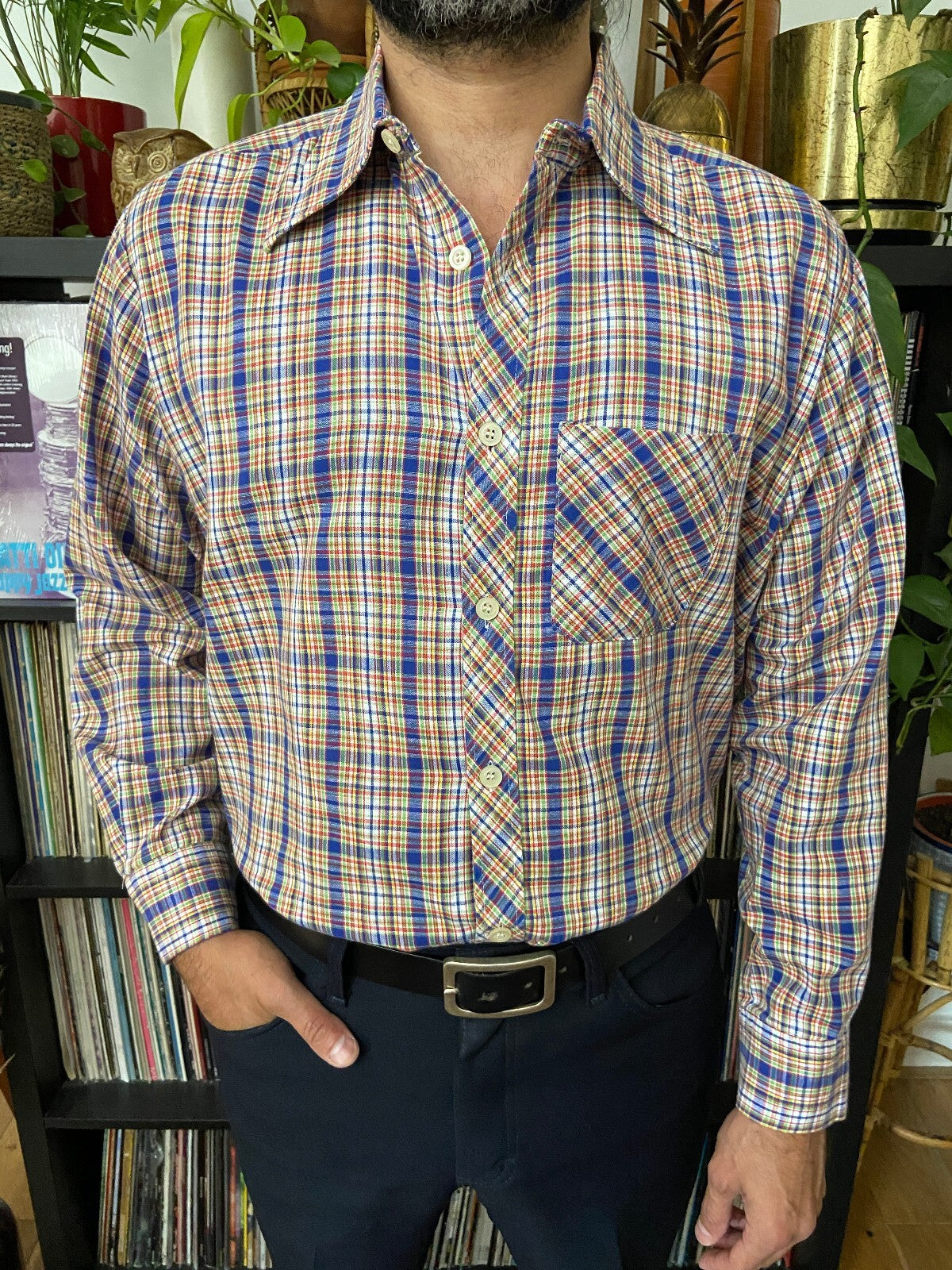 Vintage 1970s Fine Check Dagger Collar Shirt