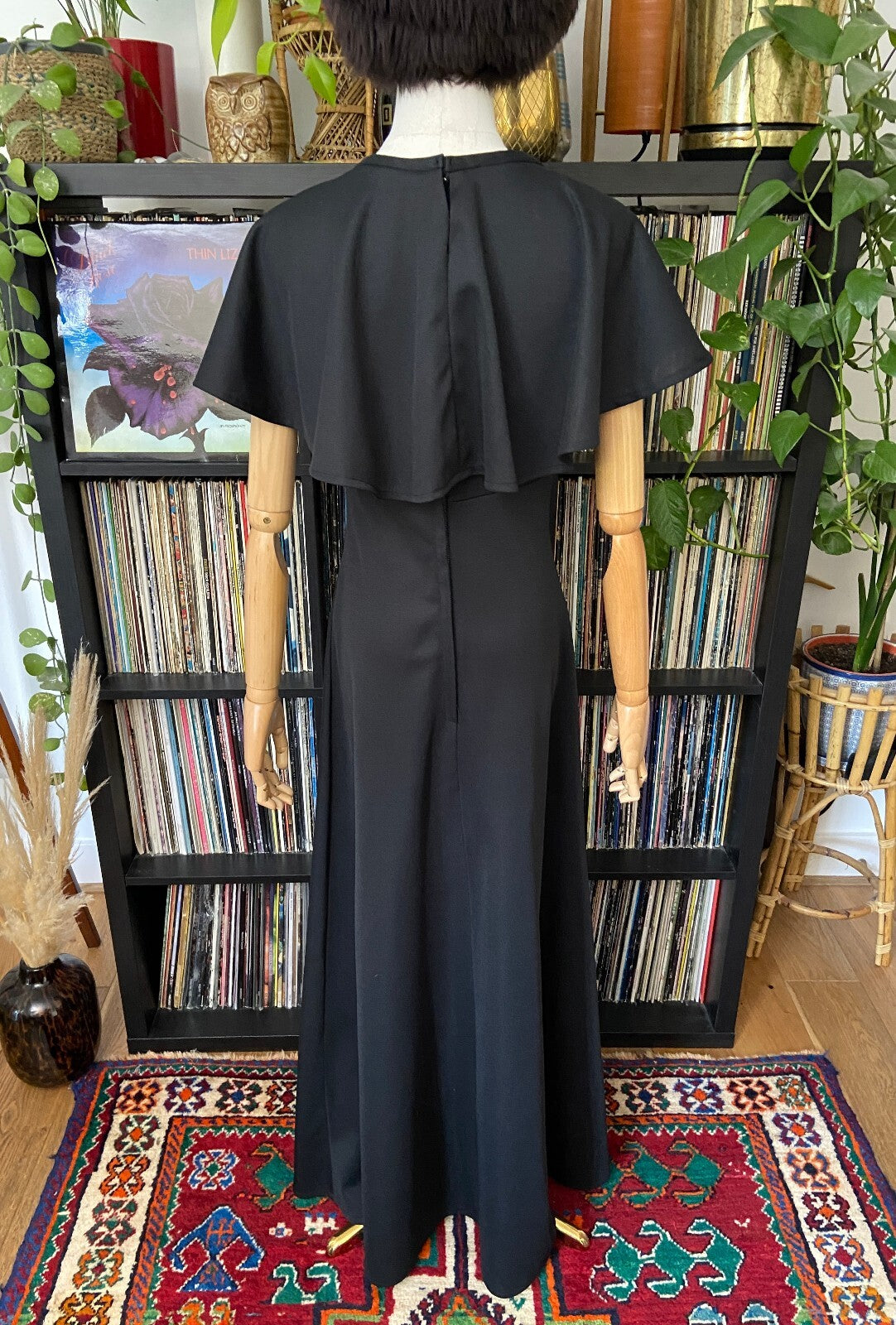 Vintage 1970s Black Flutter Cape Red Rose Maxi Dress