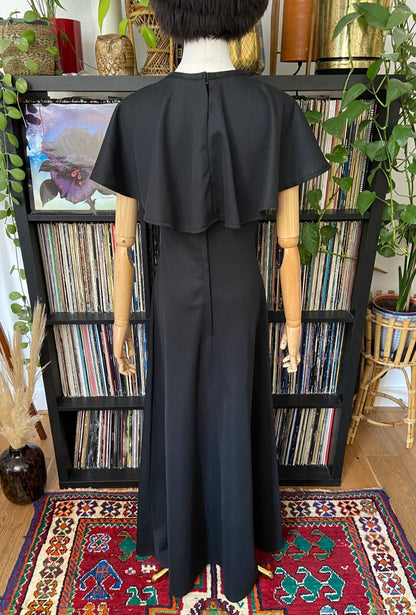 Vintage 1970s Black Flutter Cape Red Rose Maxi Dress
