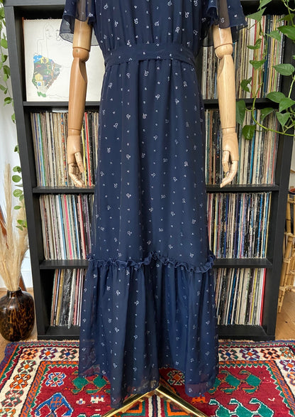 Vintage 1970s Navy & Silver Maxi Prairie Dress
