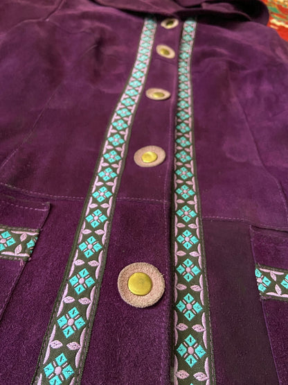 Vintage 1970s Purple Hooded Embroidered Trim Penny Lane Coat