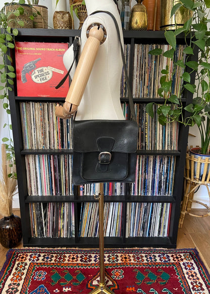 Vintage 1970s Black Leather Satchel Bag