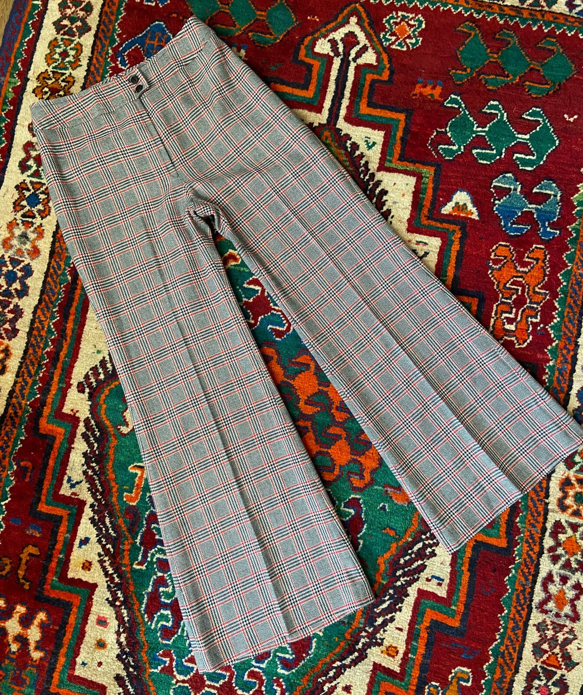Vintage 1970s Black & Red Check Bellbottom Flares W30